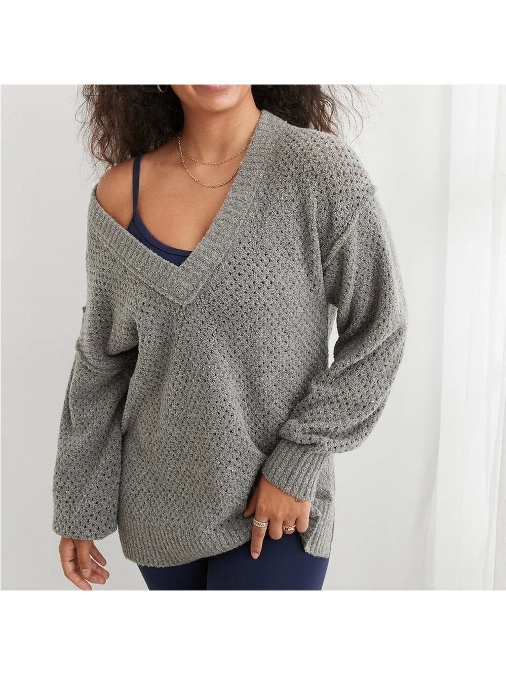 Aerie Oversized Soft Mesh Knit V-Neck Relaxed Fit Sweater in Cream